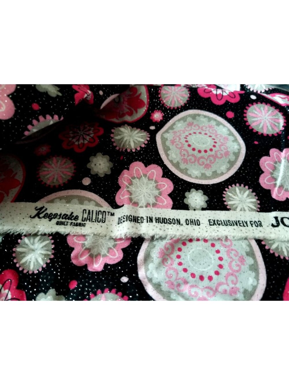 Material Keepsake Calico Cotton Quilting Fabric Pink & Gray Floral Print On Blac
